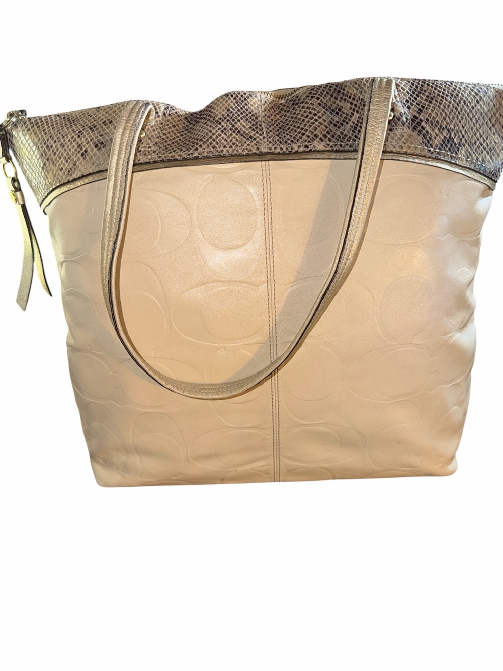Coach Beige Leather Tote with Metallic Snake-Print Trim